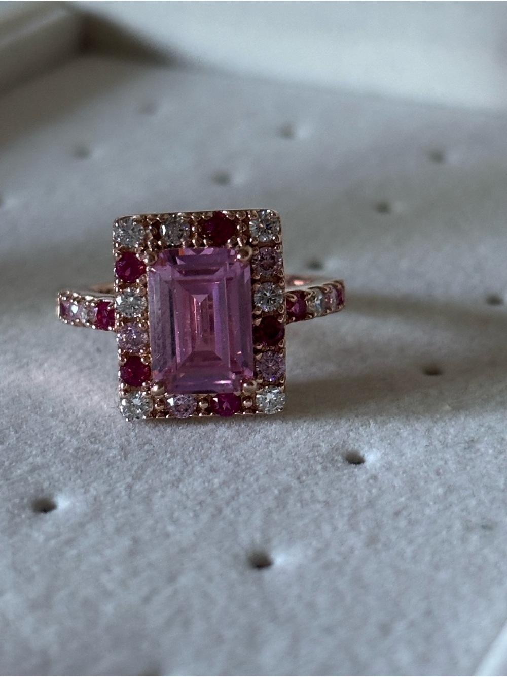 Rose Gold Pink Emerald-Cut Halo Ring with Pink and White Accents